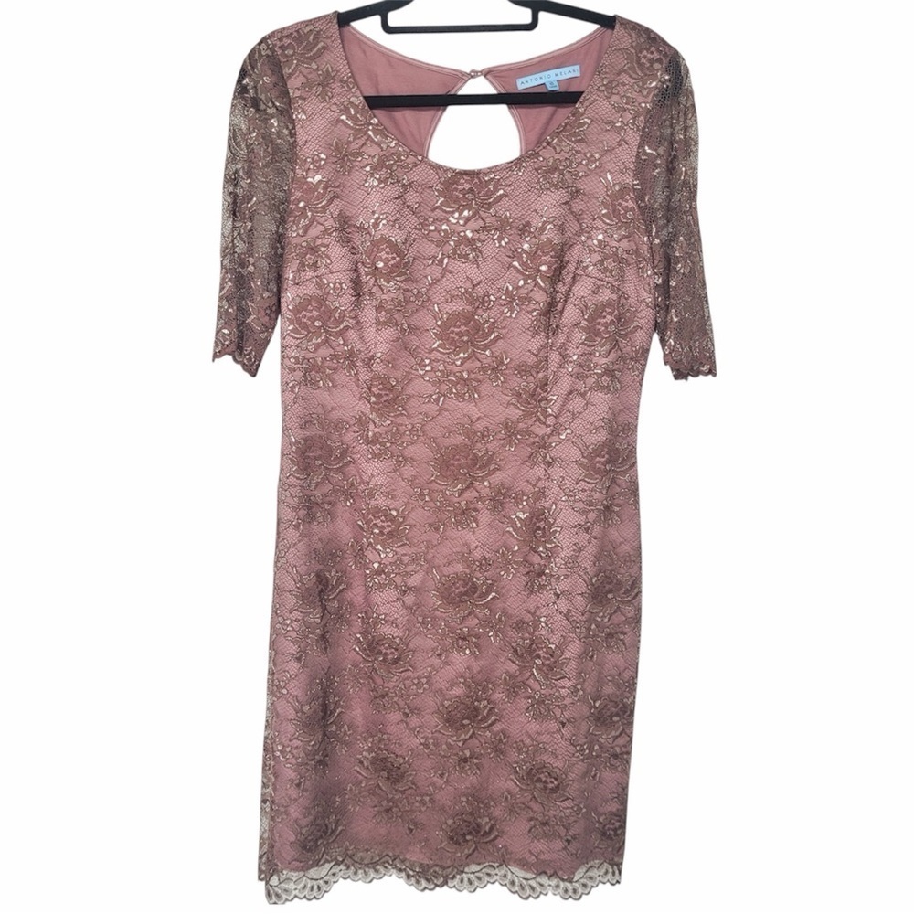 ✅ Antonio Melani Rose Gold Mauve Lace Sheath Dress Size 10
